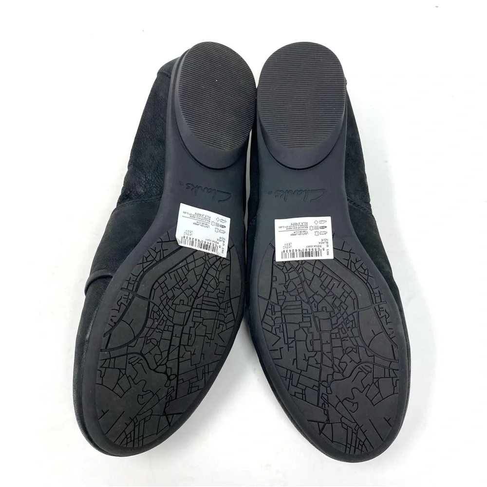 Clarks Rena Way Black Leather Ballet Flats Comfort Shoes WIDE